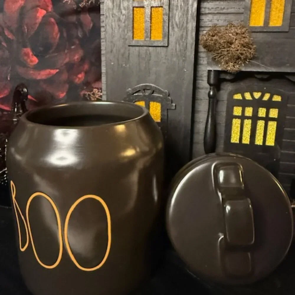 Rae Dunn BOO Halloween Black Canister Orange Letters Artisan Collection NWT